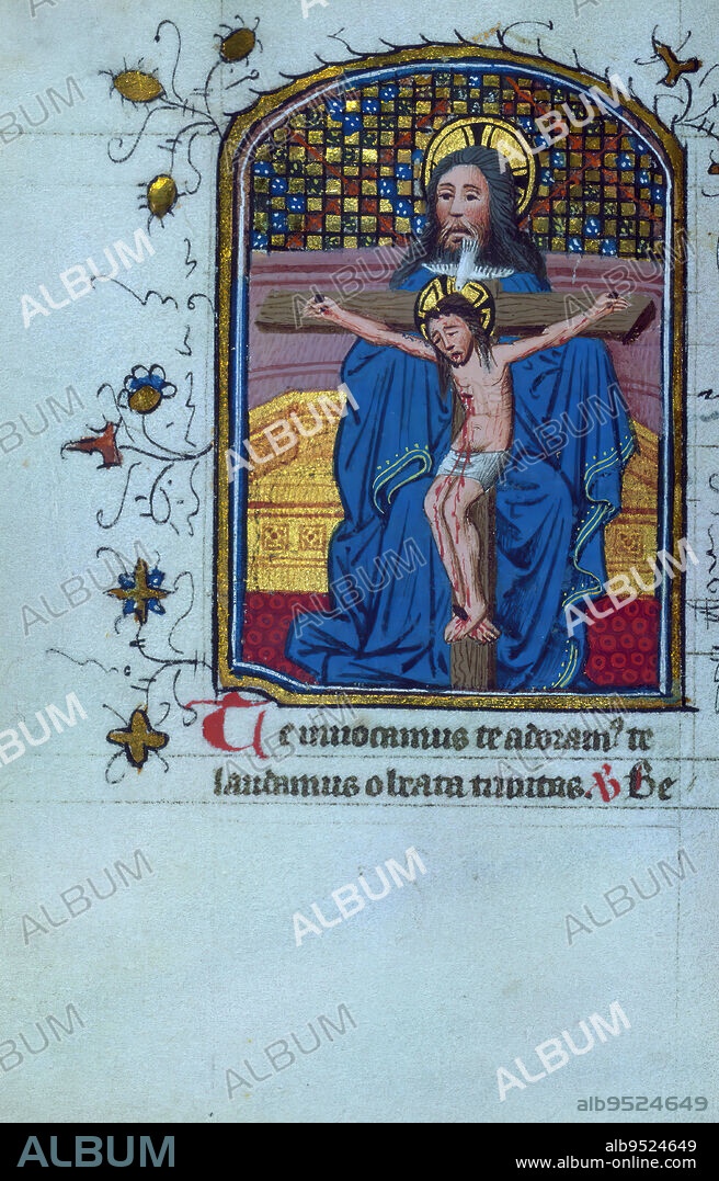 Prayer Book, including Office of the Dead, Trinity with Throne of Grace, This prayer book was produced ca. 1430-40, likely in Brabant, but the contents of the calendar point to Tournai and Cambrai, and the Office of the Dead is for the Use of Liège. North Netherlandish influence, possibly connected with works by the Masters of the Gold Scrolls, is suggested by the style and iconography of its images. The manuscript is notable for its large number of miniatures - forty-eight in total - as well as the sense of narrative within them, and the diversity of the suffrages they illustrate is striking. That the original owner had a strong interest in the Passion is evident in both the choice of texts and the images. The manuscript was well-used, and accrued not only additional prayers and suffrages, but devotional objects as well.