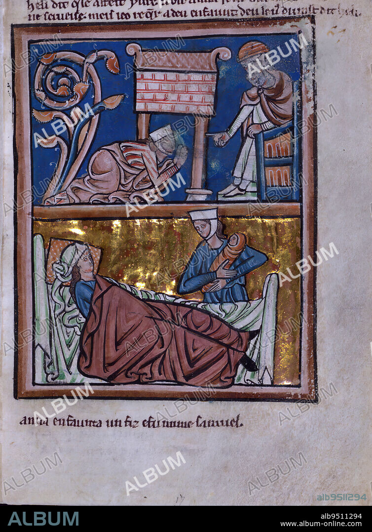 Illuminated Manuscript, Bible Pictures by William de Brailes, Hannah Prays in the Temple and Hannah gives birth to Samuel, A volume comprising twenty-four leaves of Bible Pictures by W. de Brailes, an English artist active in Oxford in the middle of the thirteenth century. Seven leaves from the same set of images are now in the Musee Marmottan in Paris. These 31 leaves are all that remain of an image cycle that once contained at least 98 miniatures, and which was the longest cycle of Bible miniatures surviving from the thirteenth century in England. In all probability these Bible Pictures were actually prefatory matter to a Psalter, now Stockholm, National Museum, Ms. B.2010. De Brailes also composed and wrote the captions that accompany many of the images. W. de Brailes is one of only two English artists of the thirteenth century whose name we can associate with surviving works. 11 manuscripts have been identified that contain miniatures in his hand. De Brailes has a quirky and chatty style, and he was extremely gifted at turning Bible Stories into paint.