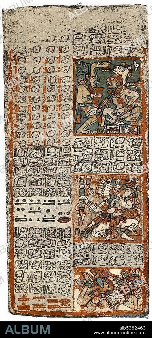 Historical print from the 19th century, one page of the Dresden Codex or Codex Dresdensis, a manuscript of the Maya from the 13th century