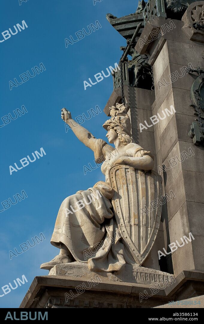 Pere Carbonell / Alegoría de Cataluña, 1888, Escultura (Piedra de Monóvar), Monumento de Colón, Barcelona, Barcelona, España.