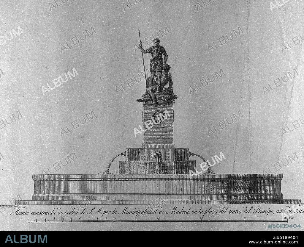 FUENTE DE CARLOS V EL FUROR CONSTRUIDA DE ORDEN DE SM POR LA MUNICIPALIDAD DE MADRID EN LA PLAZA DEL TEATRO DEL PRINCIPE EN 1812 - GRABADO SIGLO XIX.