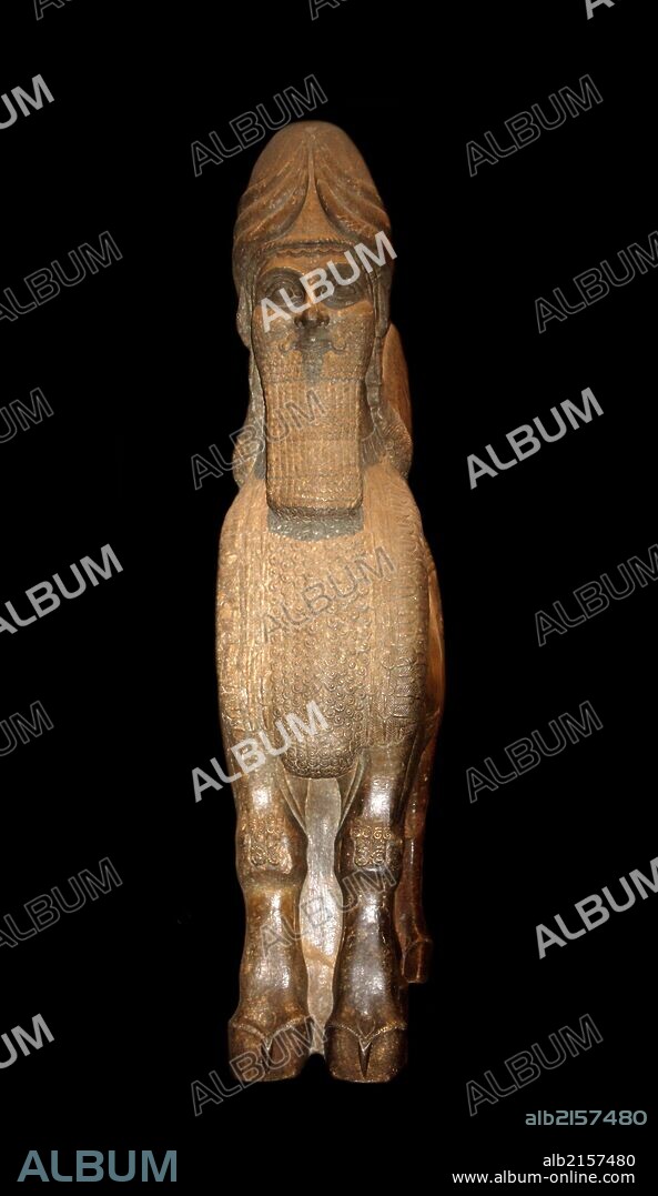 Winged human-headed bull statue known as a Lamassu or 'Protective spirit'. Assyrian, (circa 865-860 BC) from Nimrud. Assumed to have guarded the King's private apartments (Photo by: Universal History Archive/UIG via Getty Images).