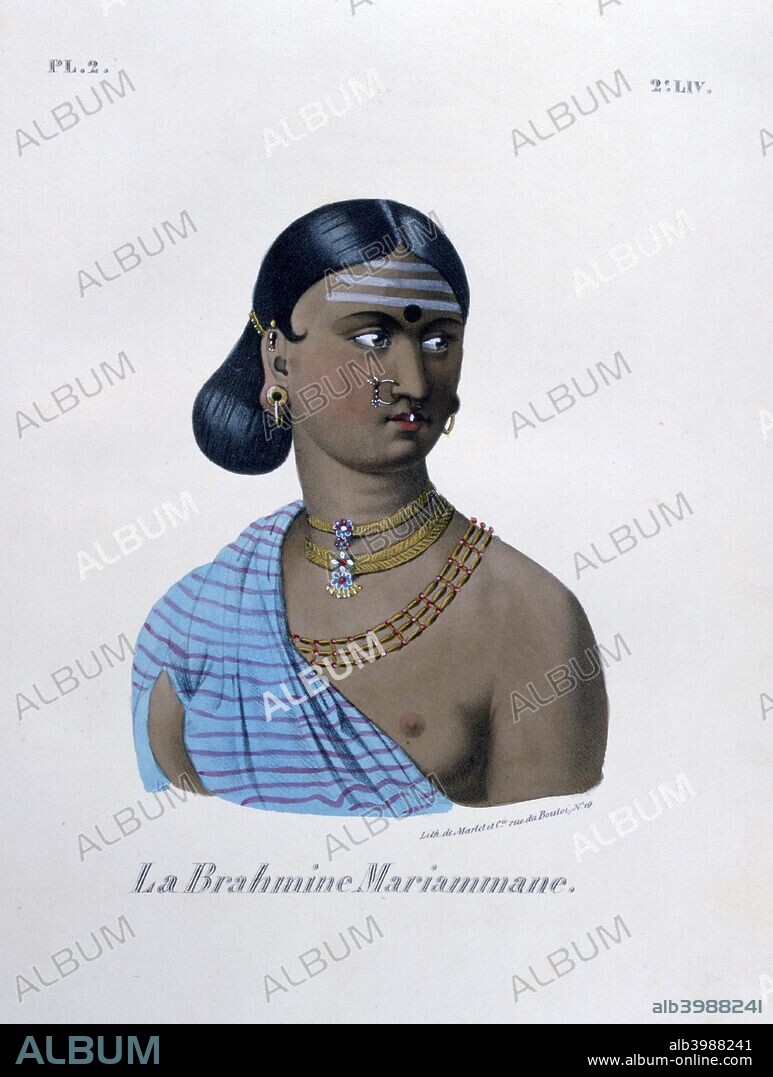 'Brahmin Mariamman', 1828. Brahmin is the highest caste in Indian caste system within Hindu society. A lithograph from L'Inde Français, 1828. From the collection of Jean Claude Carriere.