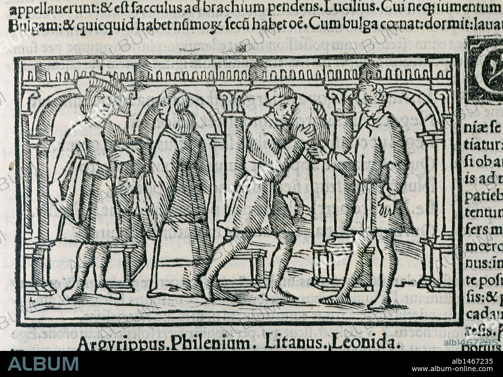 LITERATURA LATINA. SIGLOS III-II a. C. PLAUTO, Tito Maccio (Sarsina, 255 a. C. -Roma, 185 a. C.). Comediógrafo latino. "ASINARIA". Grabado de una escena del acto III, con los personajes principales ARGYPPUS, PHILENIUM, LITANUS y LEONITAS. Edición del año 1518. Biblioteca de la Universidad de Barcelona. Cataluña.