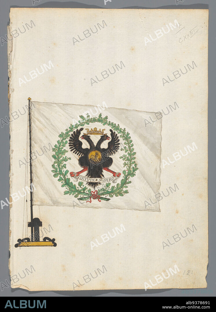 Flag of Russia, Flag of the Empire of Russia. White flag with a double-headed eagle under a crown, within a laurel wreath, in the legs a banderole with the motto 'Virtute Supero'. Flag on flagstaff and mast foot. Pictured on folio 62r. Part of a flag book with flags from Europe, North Africa, Near and Far East., draughtsman: anonymous, France, 1667 - 1670, paper, ink, pen, brush, height 265 mm × width 190 mm.