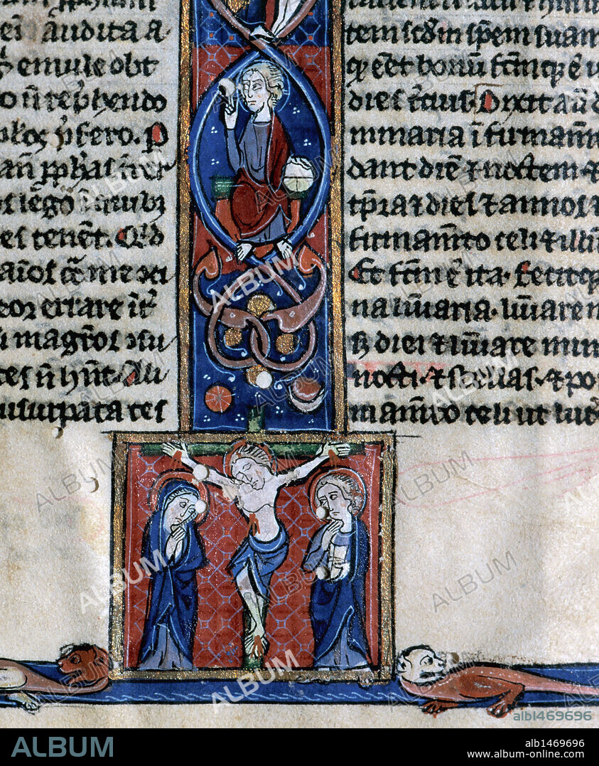 Biblia Sacra. Incunable del siglo XIV. Miniaturas con la Crucifixión de Jesús y el Pantocrátor pertenecientes al folio final de un capítulo del códice. Procede del Convento de Santa Catalina de Barcelona. Biblioteca de la Universidad de Barcelona, Cataluña.