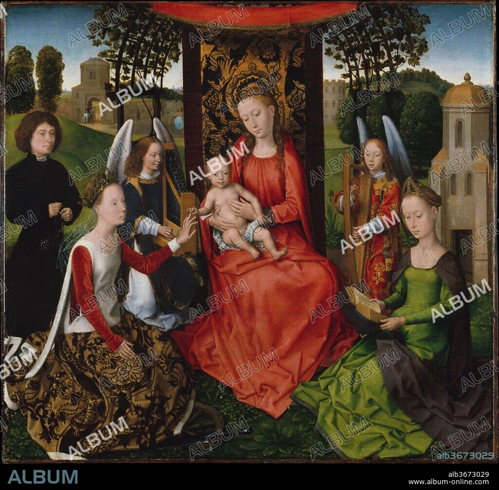 Virgin and Child with Saints Catherine of Alexandria and Barbara. Artist: Hans Memling (Netherlandish, Seligenstadt, active by 1465-died 1494 Bruges). Dimensions: Overall 26 7/8 x 28 7/8 in. (68.3 x 73.3 cm); painted surface 26 3/8 x 28 3/8 in. (67 x 72.1 cm). Date: early 1480s.
The picture's harmonious composition was adapted from a large, celebrated altarpiece Hans Memling completed in 1479 for the Sint-Janshospitaal in Bruges. This smaller, more modest version was commissioned by an anonymous donor who kneels at the left. He is shown reciting his rosary as he contemplates Saint Catherine's mystic marriage to the infant Jesus. Saint Barbara, whose attribute--the tower--is behind her, sets a meditative example by reading. The grape arbor above the Virgin's throne and canopy was most likely added shortly after Memling's lifetime, in the early sixteenth century, when the cult of the Eucharist became increasingly popular.
