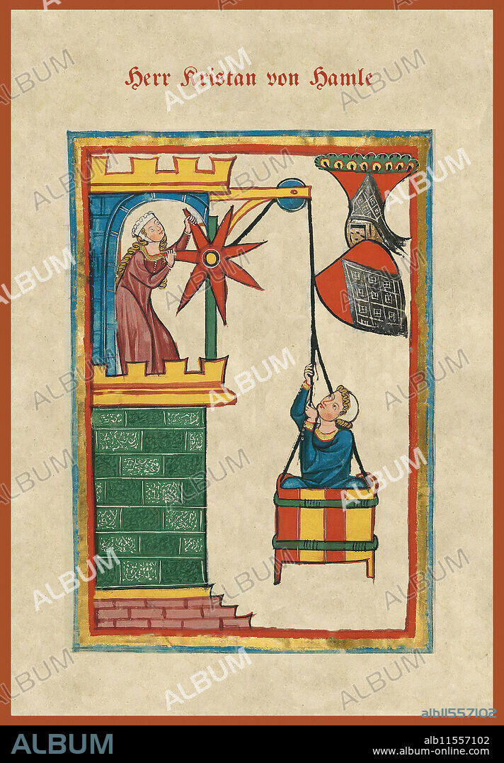 CODEX MANESSE. medieval songbook; A Kristan of Hamle could not be detected until now documented. The language of his - resulting in the first decades of the 13th century - songs after he would have to come from Central Germany, probably from Thuringia. Suitor elevated by rope and pulley up the castle wall to his maiden.