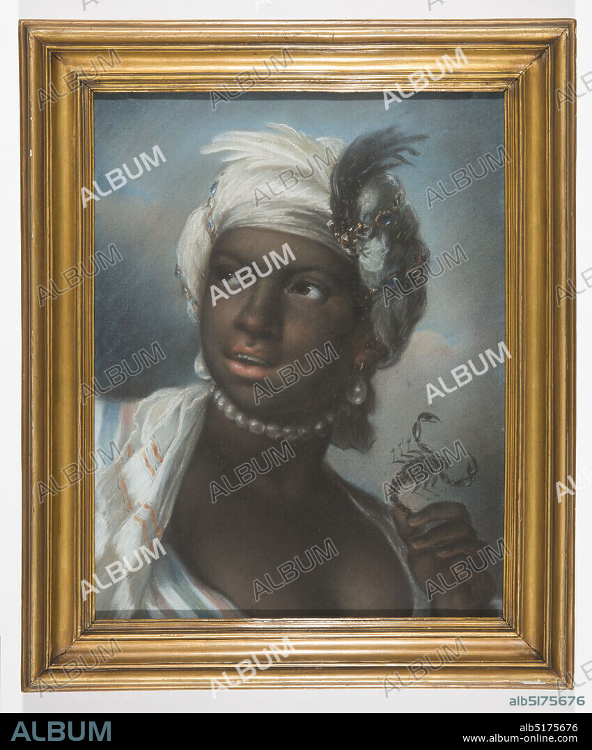 Personification of Africa, Rosalba Carriera, Italian, 16731757, Pastel on paper mounted on canvas, Bust length figure of a black woman, her right breast exposed and holding a scorpion in her right hand. She wears a turban decorated with feathers and jewels, pearl pendant earrings and a close-fitting pearl necklace. Her body is tilted forward and her gaze is directed to the left., Italy, before 1720, portraits, Drawing, Drawing.