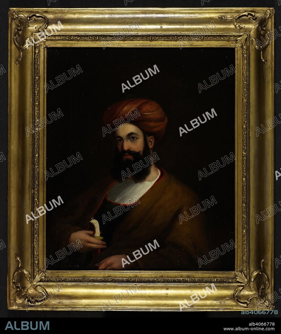 JAMES ATKINSON. Arthur Conolly (1807-c.1842). c.1838 or 1839 Half-length portrait showing Conolly in Persian dress, his right hand on the hilt of his dagger. A bearded figure, he is shown against a brownish-black background wearing a red - brown turban and a brown robe. A British intelligence officer, explorer and writer. He was a captain of the 6th Bengal Light Cavalry in the service of the British East India Company. He participated in many reconnaissance missions into Central Asia and coined the term 'The Great Game' to describe the struggle between the British Empire and the Russian Empire for domination over Central Asia. . c.1838 or 1839. Oil painting. 14 by 12 ins (35.5 by 30.5 cms). Source: Foster 837.