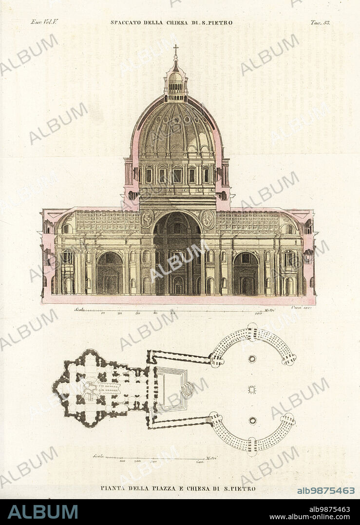Cross-section and plan of St. Peters Basilica, Rome. Spaccato della Chiesa di S. Pietro. Pianta della Piazza e Chiesa di S. Pietro. Handcoloured copperplate engraving by Corsi from Giulio Ferrarios Costumes Ancient and Modern of the Peoples of the World, Il Costume Antico e Moderno, Florence, 1843.