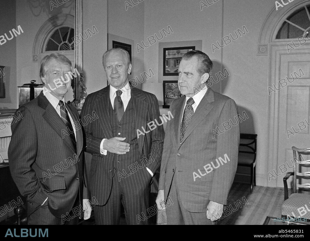 Jimmy Carter, Gerald Ford, and Richard Nixon gather at the White House during the Hubert Humphrey funeral. circa  15 January 1978.