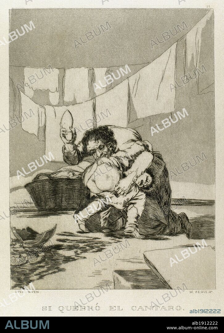 FRANCISCO DE GOYA. ARTE S. XVIII. ESPAÑA. GOYA, Francisco (Fuendetodos, 1746-Burdeos, 1828). Pintor y grabador español. "SI QUEBRO EL CANTARO". Aguafuerte que perteneece a la colección de 84 grabados titulada "CAPRICHOS" de temática satírico-fantasmagórica, editados en el año 1799. Reproducción de M. Seguí i Riera.