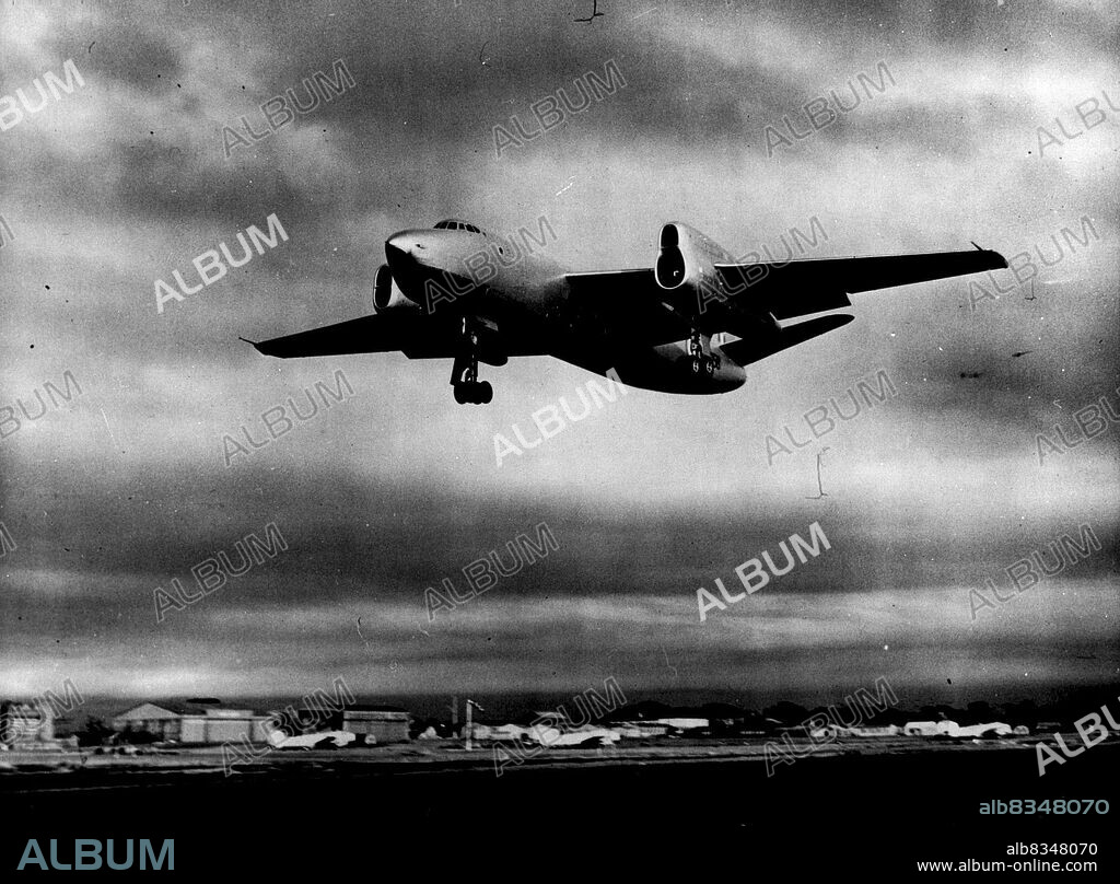 New Supersonic Jet Engine was First Flight - The Short Sperrin with Gyron engine just after its take off. The new engine is in the enlarged lower port nacelle.First flight of the De Havilland Gyron Jet engine in the short Sperrin bomber was recently announced. It took place at Aldergrove Aerodrome near Short's works in Belfast and was completely successful, the Gyron being opened up to its full flight approved ***** engine has been designed for supersonic flight and is of very high power. July 29, 1955. (Photo by Reuterphoto).