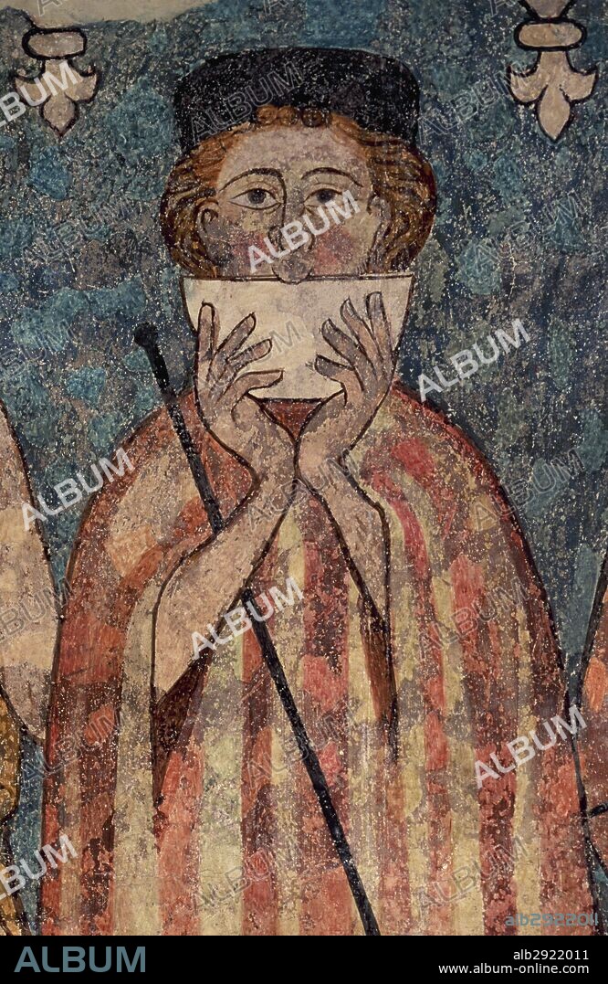 ARTE GOTICO. ESPAÑA. SIGLO XIV. Pinturas murales del refectorio de la Seu Vella. Representación de un POBRE O PEREGRINO comensal. Temple sobre rebozo de cal. Tamaño 200 X 625 cm. Proceden del refectorio de la Seu Vella de Lleida. Museo Diocesano de Lleida. Cataluña.