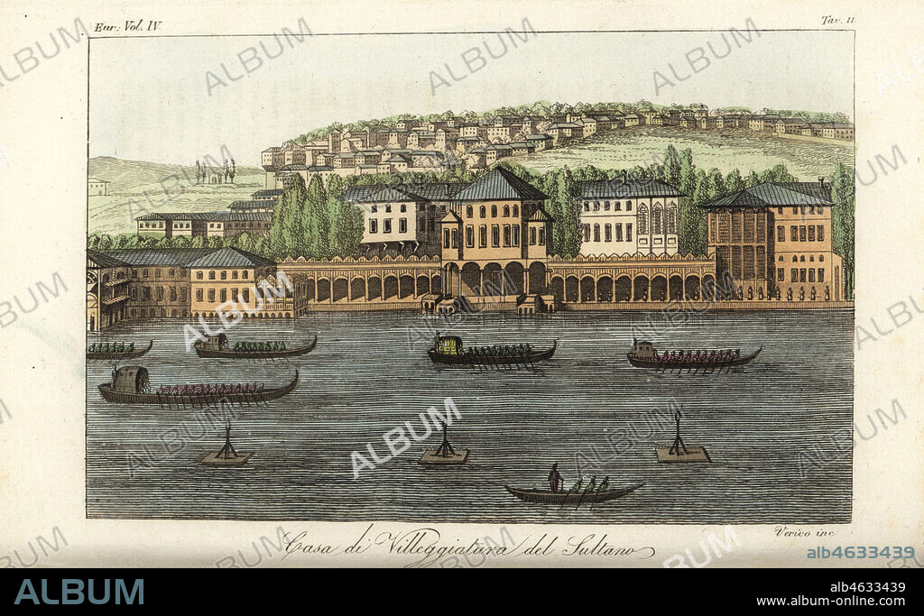 View of the Besiktas Sahil Palace, the Sultans vacation palace on the European side of the Bosphorus, Istanbul, 1800s. The Sultan and his harem entourage sail in barges protected by eunuchs on the river. Casa di Villeggiatura del Sultano. Handcoloured copperplate engraving by Verico after Giulio Ferrario in his Costumes Ancient and Modern of the Peoples of the World, Il Costume Antico e Modern o Story, Florence, 1842.