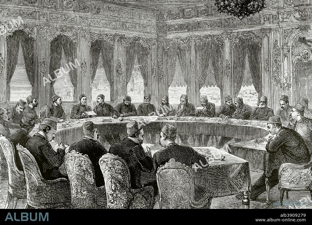 Historia. Siglo XIX. Cuestión Oriental. Imperio Otomano (Turquía). Constantinopla (Estambul). Consejo de Ministros, presidido por el sultán Abdul-Aziz-Khan, reunido para examinar la nota diplomática del Conde Gyula Andrassy (político del Imperio Austro-Húngaro), ante la crisis internacional y las tensiones con el Imperio Ruso. Grabado por Capuz. La Ilustración Española y Americana, 15 de abril de 1876. Biblioteca Histórico Militar de Barcelona, Cataluña, España.