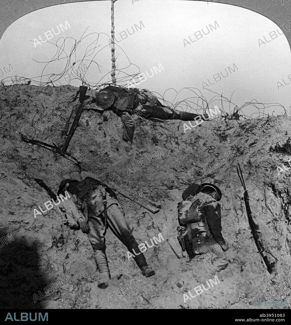 Men who fell contesting the mine crater, Zouave Woods, Hooge, Belgium, World War I, 1914-1918. Hooge, a small village near Ypres was the scene of fierce fighting on several occasions during World War I. In 1915 and 1917 several huge craters were made by the detonation of massive underground mines. Stereoscopic card details.