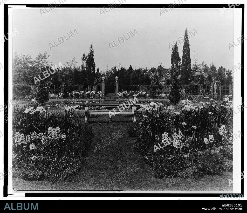 FRANCES BENJAMIN JOHNSTON. Beacon Hill House, Arthur Curtiss James house, Newport, Rhode Island., 1917. House designed in 1910 by John Mead Howells and Isaac Newton Phelps Stokes for railroad magnate Arthur Curtiss James. The grounds were landscaped with Italianate gardens.