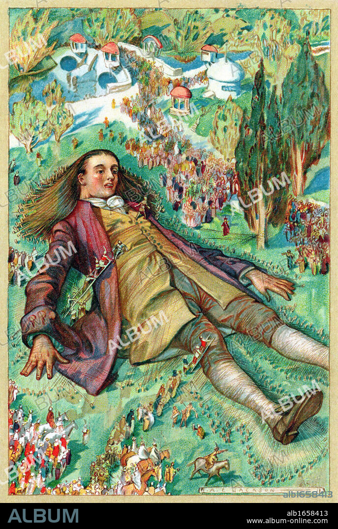 Lemuel Gulliver, set ashore after a mutiny, regains consciousness and finds himself a prisoner of the Lilliputians. Chromolithograph from edition of Jonathan Swift Gulliver's Travels (Travels into Several Remote Nations of the World, in Four Parts by Lemuel Gulliver ...) New York 1911. (First published 1726).