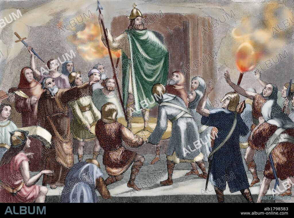 Grabado coloreado del s. XIX que representa la CORONACION DEL REY DE ARAGON GARCI XIMENEZ 8724-758). Según la leyenda el primer rey de Sobrarbe (actual Huesca) y uno de los siete reyes legendarios de Sobrarbe. Luchó contra los sarracenos en la Reconquista.