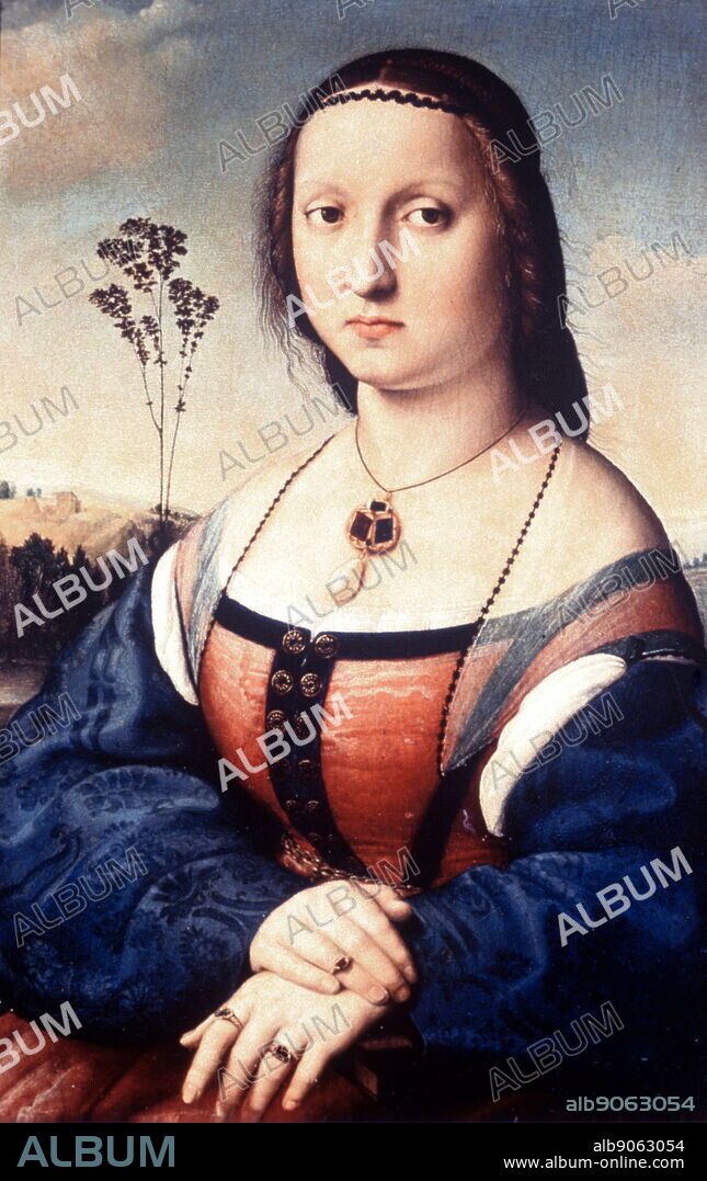 Portrait of Maddalena Doni; oil painting on wood, by Italian Renaissance master (Raphael) Raffaello Sanzio da Urbino (1483-1520). probably painted in 1506, shortly after Raphael had arrived in Florence. The influence of Leonardo da Vinci, can be seen in the use of sfumato. The painting belonged to Ferdinand III, Grand Duke of Tuscany It is housed in the Pitti Palace in Florence. Agnolo Doni married Maddalena Strozzi in 1503, but Raphael's portrait was probably executed in 1506, the period in which the painter studied the art of Leonardo da Vinci most closely.