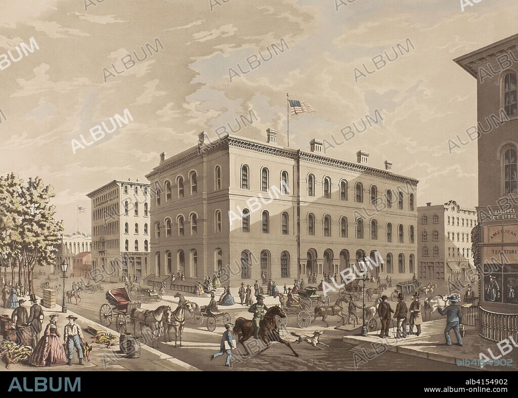 N.W. Corner of Dearborn and Monroe Streets, Chicago, Showing the Post Office Building in the Year 1865. Raoul Varin; French, 1865-1943. Date: 1927. Dimensions: 391 × 542 mm (image); 453 × 487 mm (plate); 539 × 709 mm (sheet). Aquatint and etching in brown, with hand-coloring, on cream wove paper. Origin: France.