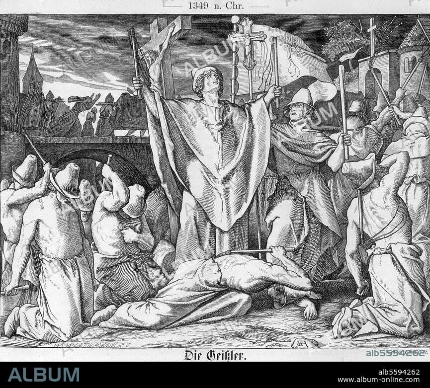 Pestepidemie in Deutschland, 1349. In der Gegend von Straßburg, Magdeburg und Speyer bilden sich Geißlergesellschaften (Flagellanten). "Die Geißler". Holzstich, um 1860, nach Zeichnung von Adolf Ehrhardt (1813-1899). Berlin, Sammlung Archiv für Kunst und Geschichte.