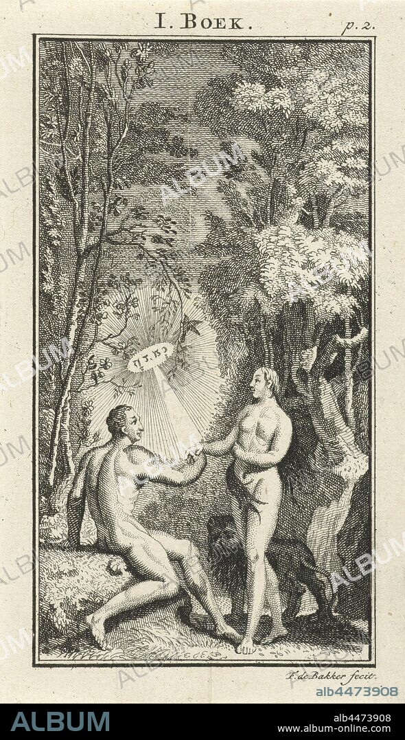 The marriage of Adam and Eve, Adam and Eve naked in paradise. Adam is holding Eva's hand. God, symbolized by Hebrew letters that radiate light, gives the couple his blessing. Behind Eve is a lion, God blesses Adam and Eve, institution of marriage, Frans de Bakker (mentioned on object), Amsterdam, 1736 - 1767, paper, etching, h 140 mm × w 83 mm.