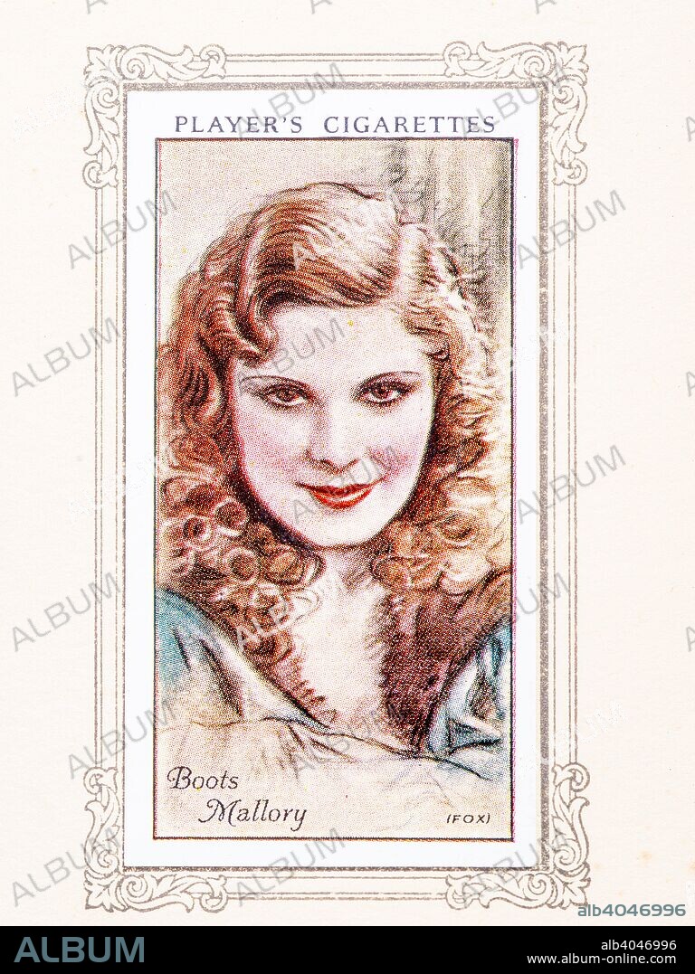 Boots Mallory, 1934. Patricia Boots Mallory (October 22, 1913 - December 1, 1958) was an American film actress, dancer and model. From An Album of Film Stars; Second Series issued by John Player & Sons. [Imperial Tobacco & Co Ltd, 1934].