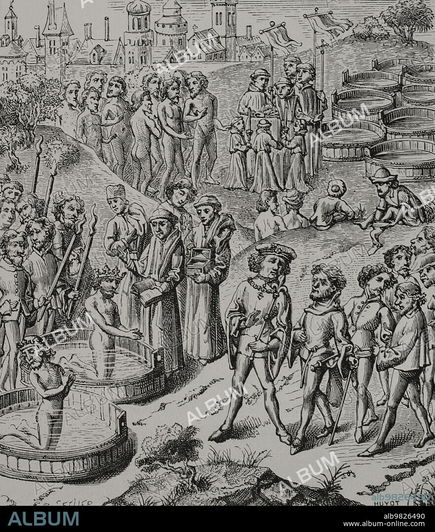Guerras Sajonas (772-804). Confrontaciones que se produjeron entre los francos, liderados por Carlomagno, y los habitantes de Sajonia, región que deseaba conquistar para convertir a sus habitantes al cristianismo. Finalmente los sajones fueron derrotados en el año 804. Bautismo de los sajones por Carlomagno. Grabado por Huyot a partir de una miniatura del siglo XV. "Vie Militaire et Religieuse au Moyen Age et à l'Epoque de la Renaissance". París, 1877.