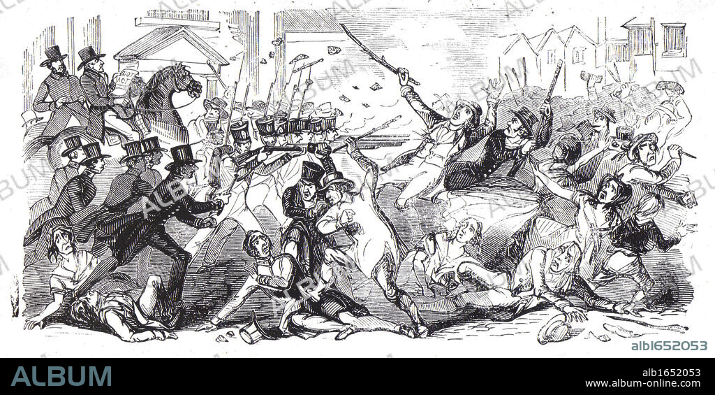 Chartism, a movement for social and political reform took its name from The People's Charter of 1838. The great 'turn out', August 1842: At Preston, Lancashire, police, advance on a crowd into which the troops are firing. Two rioters shot. From The Illustrated London News, 20 August 1842.