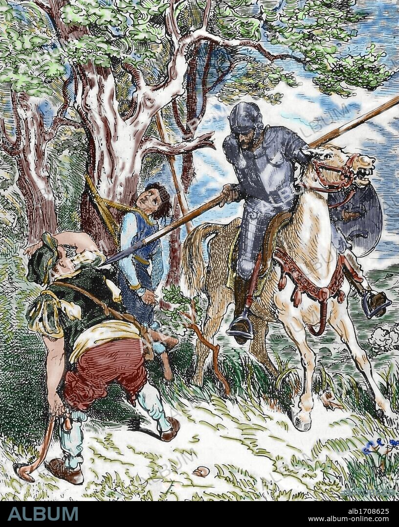 The Ingenious Hidalgo Don Quixote of La Mancha by Spanish writer Miguel de Cervantes (1547-1616). Scene with Don Quixote. Pisan engraving of a drawing by Gustave Dore (1833-1883). Colored.
