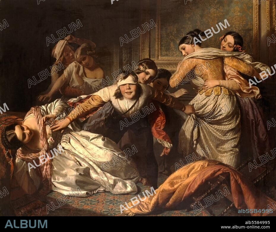 Spiele / Gesellschaftsspiele / Blindekuh. "Le Collin-Maillard" (Das Blindekuhspiel). Gemälde, 1844, von Henri Guillaume Schlesinger (1814-1893). Öl auf Leinwand, 71 × 90 cm. Kunsthandel London, Sotheby's, 16. März 1994, Lot 92.