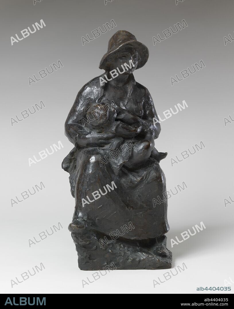 Pierre-Auguste Renoir, Richard Guino: Mother and Child (Mère et enfant), Pierre-Auguste Renoir, Richard Guino, 1916; cast posthumously in 1927, Bronze, Renoir created this sculpture in 1916 to commemorate his wife, Aline Charigot Renoir, who had died the year before. The piece is based on a painting Renoir made decades in earlier, in 1886, showing Aline nursing the couple's first son. Because Renoir suffered from rheumatoid arthritis and had limited use of his hands, sculpture was an especially difficult medium for him. He enlisted the help of a young sculptor named Richard Guino, who worked with Renoir to create the piece you see here., Overall: 21 x 10 1/2 x 12 in. (53.3 x 26.7 x 30.5 cm).