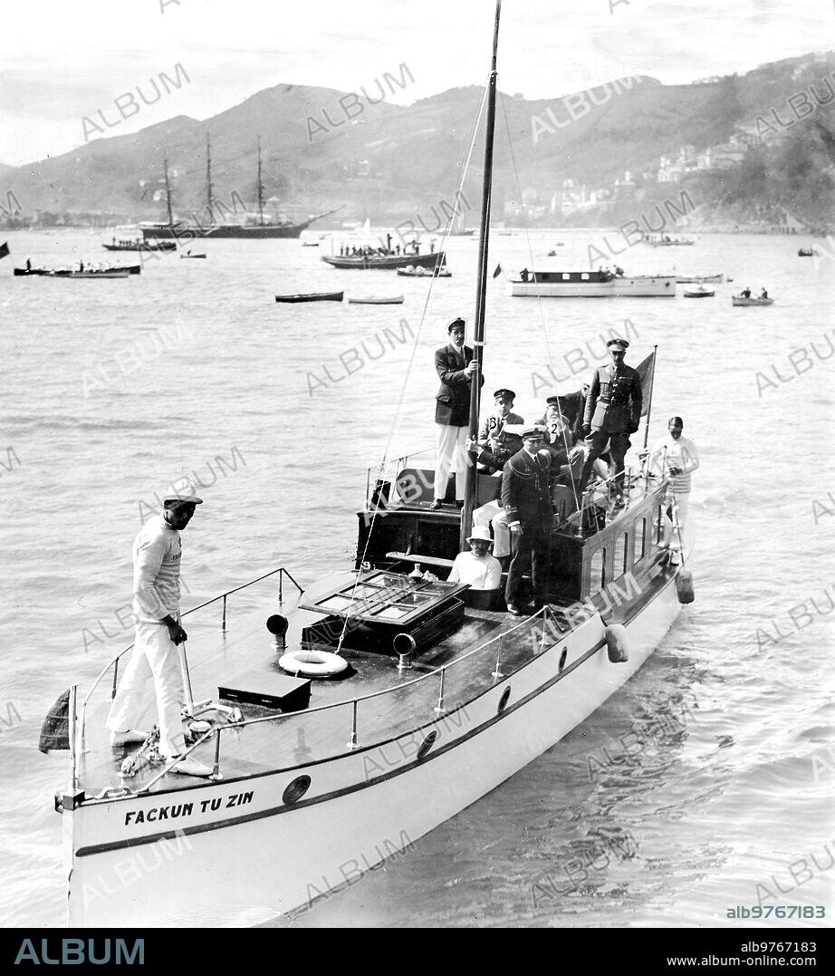 September 1922. Saint Sebastian. The Regattas. HM the King (1) and Hs.Aa.Rr. the Prince of Asturias (2), and the Infante D. Jaime (3) Aboard the "Fackun tu Zin" upon returning from the Regattas.