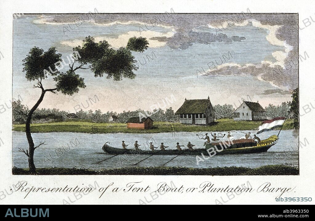 'Representation of a Tent Boat, or Plantation Barge', 1813. From 'Narrative, of a Five Years' Expedition, against the Revolted Negroes of Surinam, in Guiana, on the West Coast of South Africa', volume II, by J G Stedman, London, 1813. Engravings were made from drawings by the author.