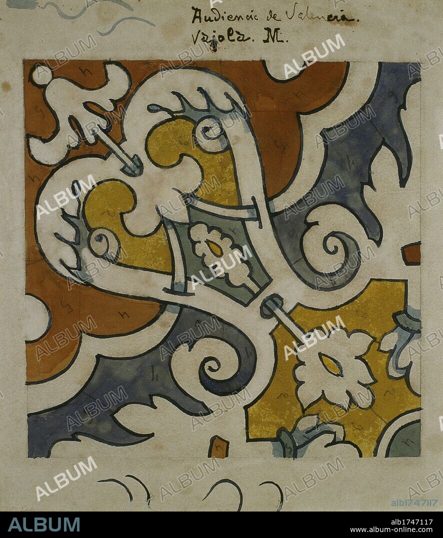 ARTE S. XIX. ESPAÑA. GALLISSA SOQUE, Antonio (Barcelona,1861-Barcelona,1903). Arquitecto catalán. Modelo original para los azulejos del Arrimadero nº 31, que posteriormente fueron fabricados por la Fábrica de Productos Cerámicos "Hijo de Jaime Pujol y Bausis" (fundada en 1850) .