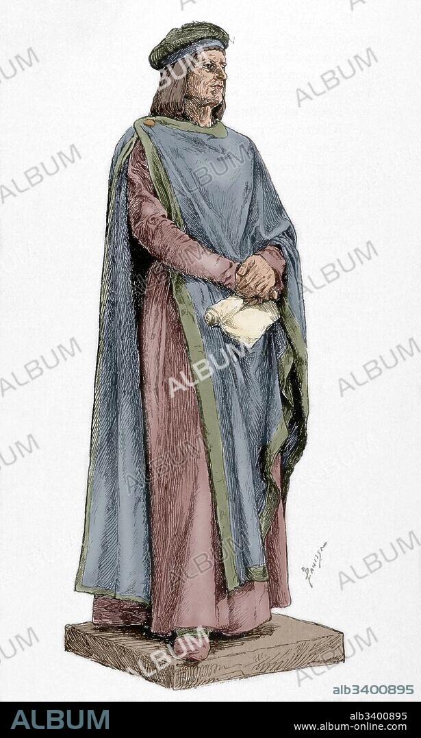 Bernat Desclot. Cronista e historiador catalán. Vivió en la segunda mitad del siglo XIII. Escribió la segunda de las Cuatro grandes Crónicas de la Corona de Aragón "El Libre del Rey en Pere d'Aragó e dels seus antecessors passats". Dibujo de Panissa. La Ilustración Catalana, 1888. Grabado coloreado.