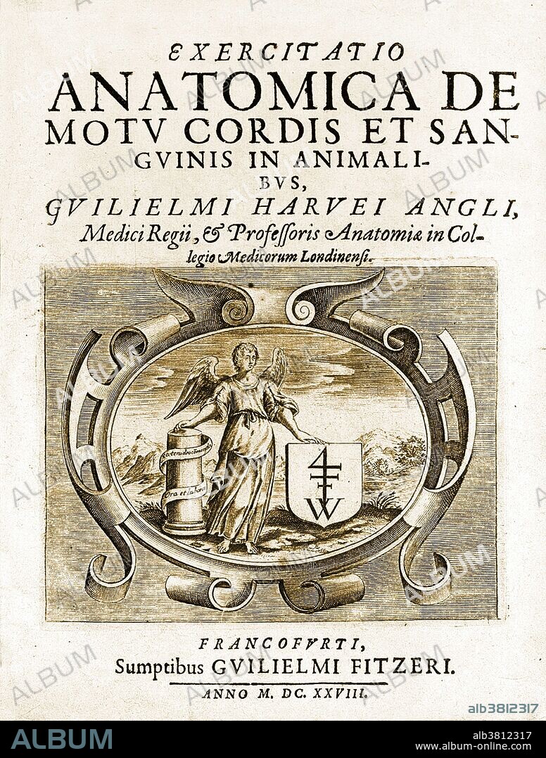 Title page of "Exercitatio anatomica de motu cordis et sanguinis in animalibus." [On the motion of the heart and blood in animals.] by William Harvey, 1628. William Harvey (April 11, 1578 - June 3, 1657) was an English physician and the first person to accurately determine how the heart circulated blood throughout human and animal bodies. He was also the first to posit the theory that humans and other mammals reproduced when an egg was fertilized by sperm. His work "De Motu Cordis" remains a milestone in science.