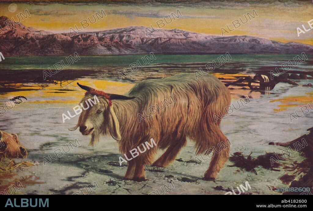 'The Scapegoat', 1856, (c1950). Scene inspired by the Bible: a goat on the salty shore of the Dead Sea at Osdoom with the mountains of Edom in the distance. The 'scapegoat' embodies the sins of the congregation - Hunt saw the Old Testament scapegoat as a parallel to the New Testament Christ whose suffering and death similarly expunged the sins of humans. Painting in the Lady Lever Art Gallery, Liverpool. From The Outline of Art, edited by Sir William Orpen. [George Newnes Limited, London, c1950].