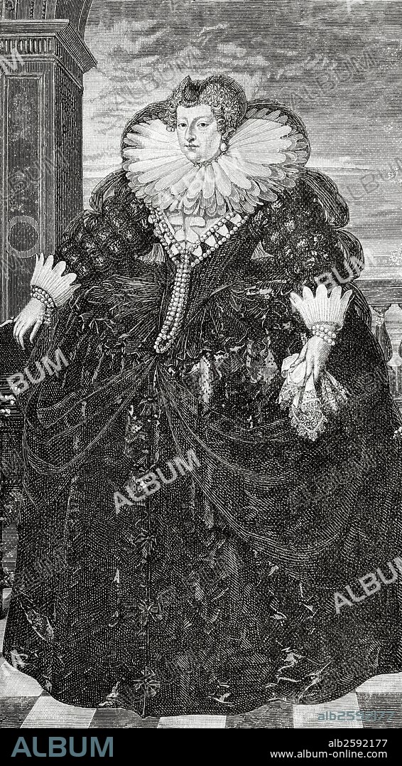 MARIA DE MEDICIS (Florencia, 1573-Colonia, 1642). Reina de Francia. Hija del gran duque de Toscana Francisco II de Médicis. Casada con Enrique IV de Francia en 1600 quien le encargó la regencia del reino, que mantuvo hasta la mayoria de edad de su hijo Luis XIII. Grabado extraido del cuadro de F. Porbus (1570-1622). "Historia Universal", 1885.