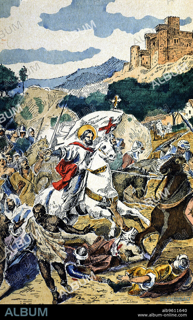 Battle of Clavijo (834), legendary battle where the apostle James made an appearance riding a white horse to help King Ramiro I of Asturias in the fight against Abd-al-Rahman III, drawing, 1900.