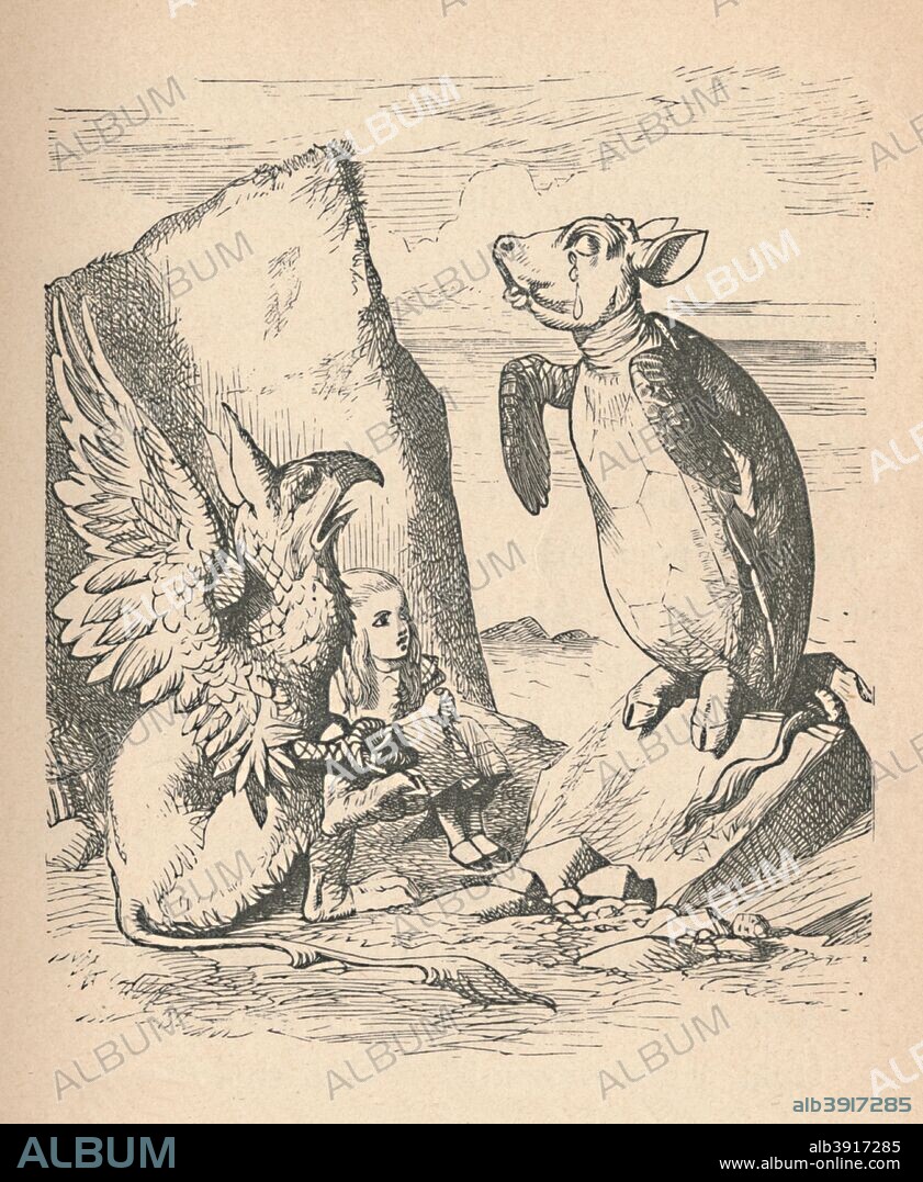 'The Mock Turtle, The Gryphon and Alice', 1889. Lewis Carroll's (1832-1898) 'Alice in Wonderland' as illustrated by John Tenniel (1820-1914). From Alice's Adventures in Wonderland by Lewis Carroll. [Macmillan & Co., New York, 1889].