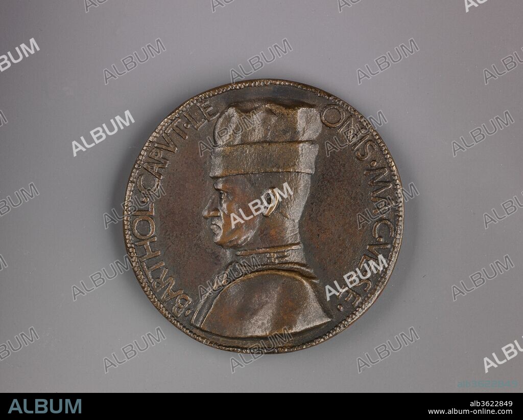 Medal:  Bartolomeo Colleoni. Artist: Marco Guidizani (Italian, active 1454-62). Dimensions: Diam. 8 cm, wt. 138.62 g.. Date: model 1455 or later  (possibly cast 19th century).
A portrait of Bartolomeo Colleoni (1400 - 1476), a celebrated Venetian
condottiere is on the obverse, and a nude man
sitting on a cuirass and holding a plumb line is on the
reverse. A terminus post quem for this medal is given by
Colleoni's appointment as commander of the Venetian
forces in 1455; this specimen is a late aftercast, possibly
from the nineteenth century.