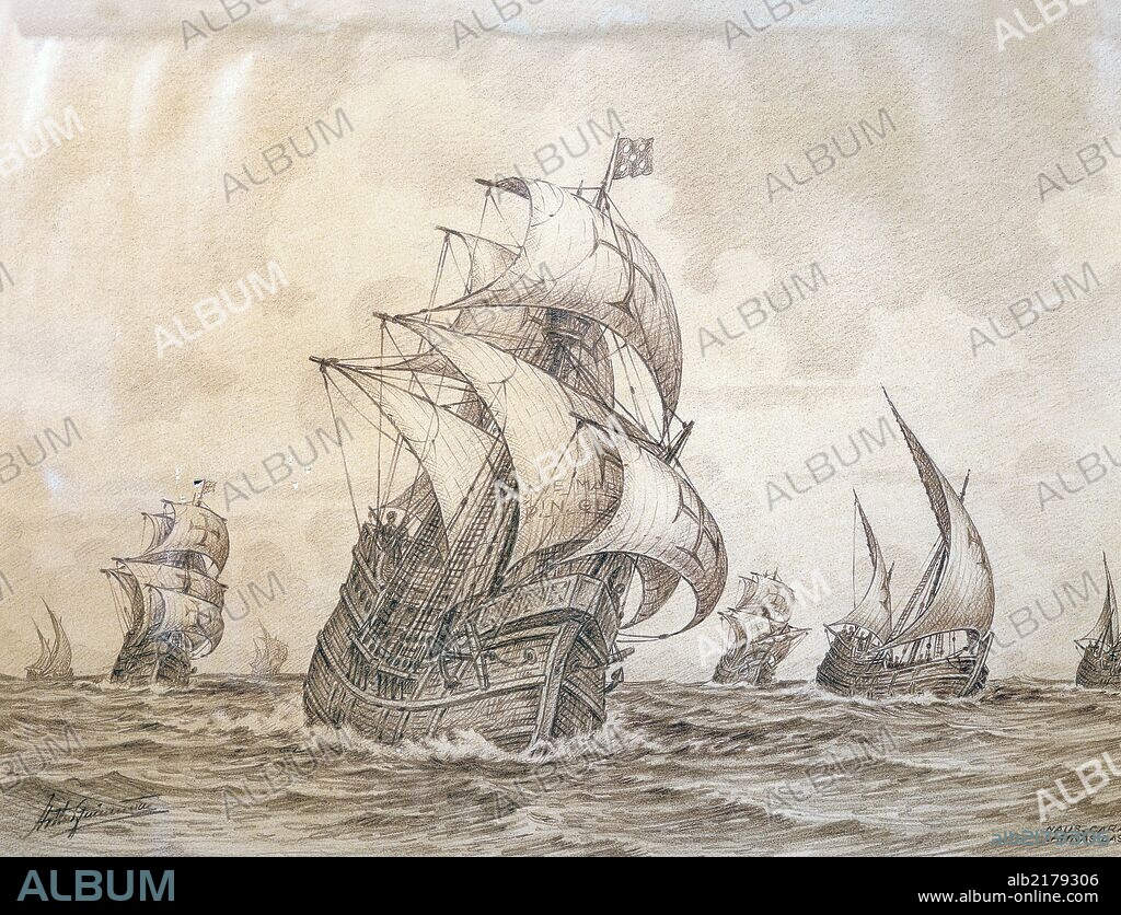 Caravel redonda (bulging square sail which appears to be round), drawing, Portugal, 16th century.