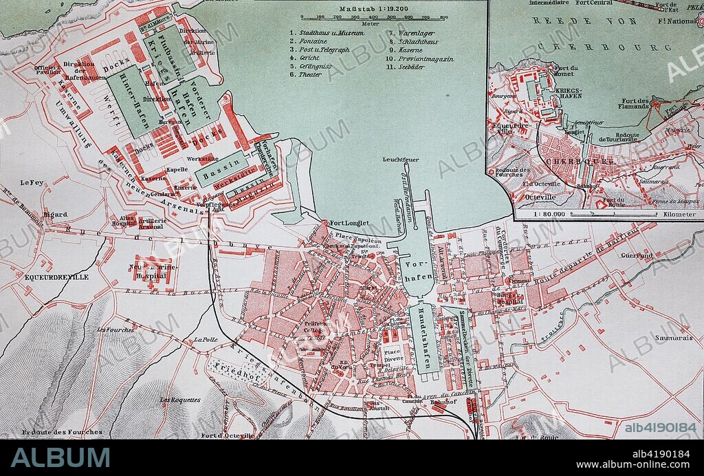 city map from the year 1892: Cherbourg, now Cherbourg-Octeville, France, digital improved reproduction of an original print from the year 1895.