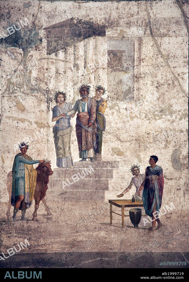 Italy, Naples, Naples Museum, from Pompeii, House of Fatal Love  (IX, 5,18), Jason and Pelias. The scene has a pyramidal structure: at the top of a staircase in his palace of Iolkos, figure of King Pelias accompanied by his daughters; on the right next to a table, Jason stands enveloped in a cloack and with one foot bare, as the myth recounts; on the left an assistant, garlanded like the other characters, leads the bull to be sacrificed to Poseidon.