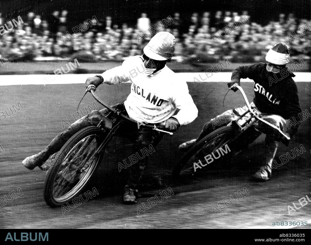 England Win Third Speedway Test.Norman Parker, England Captain leads Ken le Breton in Heat 2.Last night at New Cross England again beat Australia in the third test of the present series. July 13, 1950.