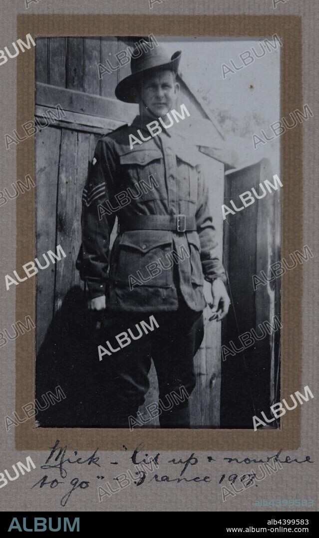 Photograph - 'Mick', France, Sergeant Major G.P. Mulcahy, World War I, 1917, One of 44 black and white photographs in an album bound in green suede, believed to have been taken by Sergeant Major Gilbert Payne Mulcahy during World War I. It documents his military service in Egypt, France, Belgium and his return to Australia via Capetown and the Quarantine Station, Point Nepean, 1916-1919. Image of a serviceman who is identified in the inscription as Mick.